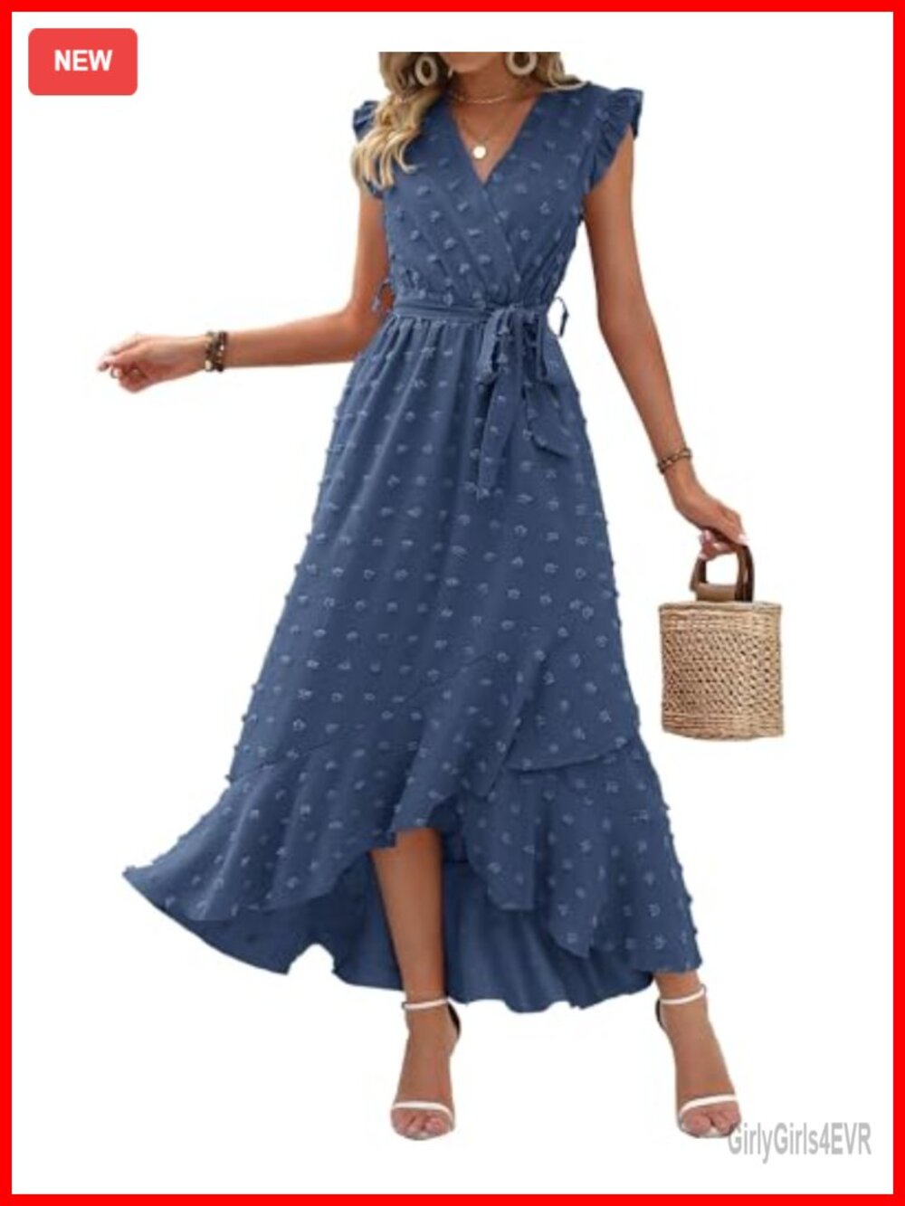 BTFBM Swiss Dot Maxi Dress Ruffle Sleeve Tie Waist Wrap Hem Wedding Guest